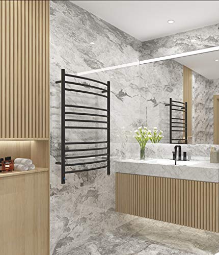 12-Bar Curved Towel Warmer, Heated Towel Rack with Timer, Black | 12 Curved Heating Bars, Timer And Temperature Control, 160W Power, Wall-Mounted Design, Plug-In Or Hardwired Installation - color: Matte Black