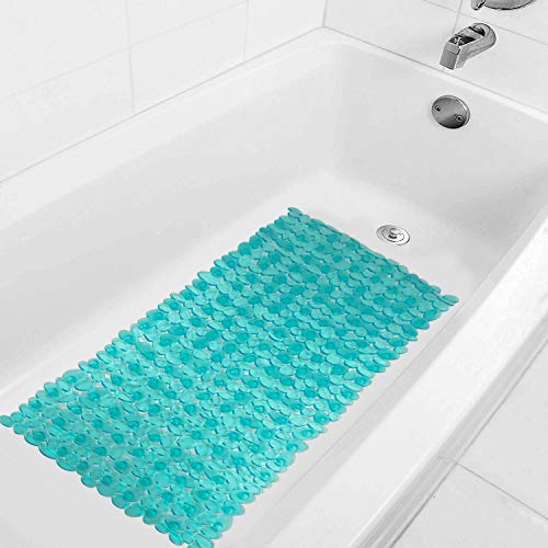 WELTRXE Non Slip Bath Mat Pebbles Bathtub Mat with Suction Cups, Drain Holes for Bathroom Showers, Tub, 35 x 16 Inches Machine Washable Bathroom Mats BPA, Latex Free Safe Shower Mats - Teal - color: Pebbles-clear Teal, size: 35" x 16" (Rectangular)