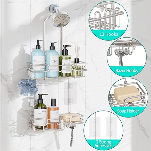 HapiRm Hanging Shower Caddy Organizer - Bathroom Organizer with 12 Hooks and Soap Holder, Rustproof Shower Shelf over Shower Head - Brushed Nickel - color: Brushed Nickel