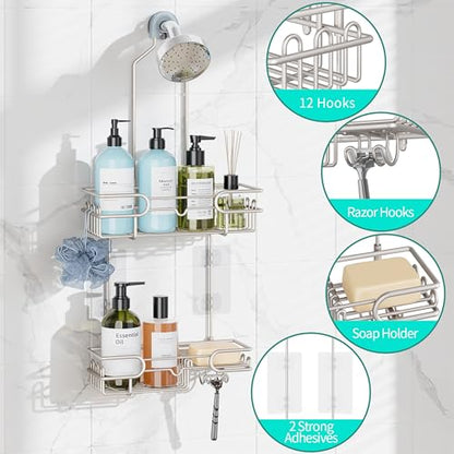 HapiRm Hanging Shower Caddy Organizer - Bathroom Organizer with 12 Hooks and Soap Holder, Rustproof Shower Shelf over Shower Head - Brushed Nickel - color: Brushed Nickel
