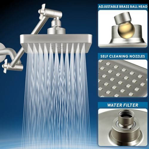 High Pressure Rain Shower Head with 11'' Extension Arm - High Flow Rainfall Showerhead - Luxury Modern Look - Pressure Boosting (Square, Matte Black) - color: Brushed Nickel, style: 6" Square