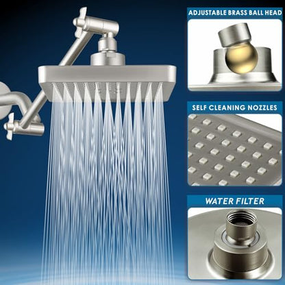 High Pressure Rain Shower Head with 11'' Extension Arm - High Flow Rainfall Showerhead - Luxury Modern Look - Pressure Boosting (Square, Matte Black) - color: Brushed Nickel, style: 6" Square