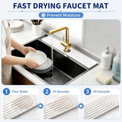 Absorbent Stone Faucet Mat for Kitchen Sink - 15.8" x 4" Diatomite Stone Sink Tray, Quick Dry Bathroom Sink Splash Guard Behind Faucet, Water Catcher Counter Protector (White) - size: 15.8" x 4"