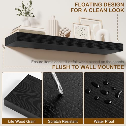 Fun Memories 60 Inch Fireplace Mantel - Long Floating Shelf, Wall Mounted Farmhouse Display with Invisible Heavy Duty Metal Bracket, Balck, 2 Pack - color: Black, size: 60"W x 6.5"D