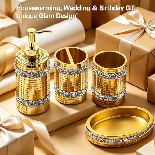 Gold Bathroom Accessories Set, Mosaic Decoration 4-piece Set | Deluxe gold mosaic bathroom 4-piece set,including soap dispenser,soap tray,toothbrush cup,partitioned toothbrush holder - size: 4 Pc Set