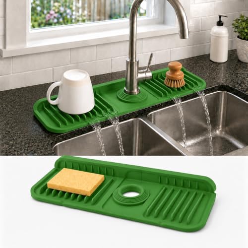 14.5" Silicone Faucet Handle Drip Catcher Tray,7° Sloped Self Draining Mat with Snap-on Design & Soap Holder, Sink Splash Guard for Kitchen & Bathroom, Trim-to-Fit Opening - color: Green, size: 14.5" x 5.5"