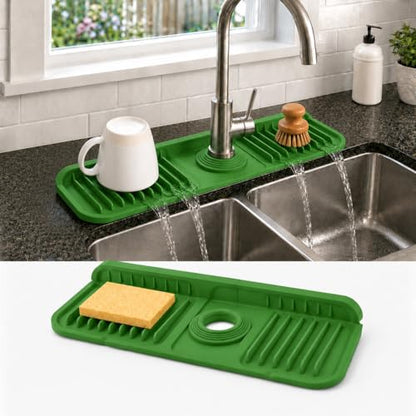 14.5" Silicone Faucet Handle Drip Catcher Tray,7° Sloped Self Draining Mat with Snap-on Design & Soap Holder, Sink Splash Guard for Kitchen & Bathroom, Trim-to-Fit Opening - color: Green, size: 14.5" x 5.5"