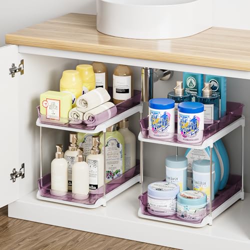 Delamu 2-Tier Multi-Purpose Bathroom Under Sink Organizers and Storage, Stackable Kitchen Pantry Organization, Pull Out Medicine Cabinet Organizer with Movable Dividers, Purple, 2 Pack - color: Purple, size: 2 Pack