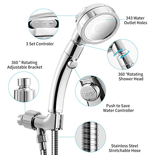 Marbrasse High Pressure Shower Head with Hose and Holder, 3-Settings Handheld Showerhead with Push Switch and Button to Control Water Flow for Saving Water,Removable Camper Shower Head - color: Shower Head with Hose and Holder