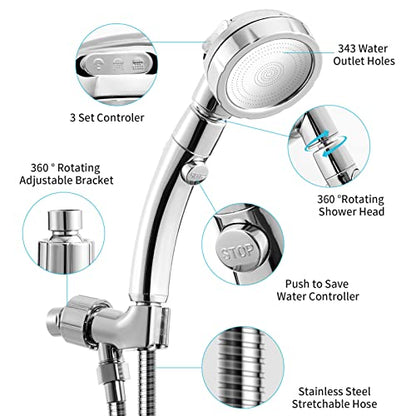 Marbrasse High Pressure Shower Head with Hose and Holder, 3-Settings Handheld Showerhead with Push Switch and Button to Control Water Flow for Saving Water,Removable Camper Shower Head - color: Shower Head with Hose and Holder