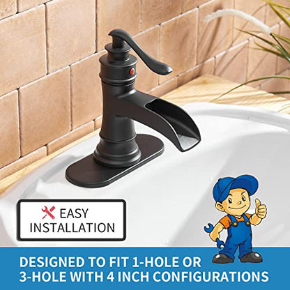 BWE Matte Black Waterfall Bathroom Faucet, Solid Brass, 1.2 GPM | Waterfall Spout, Ceramic Cartridge, California-Compliant, Fits 1 or 3-Hole Sinks, Handware Included, Single Handle - color: Black