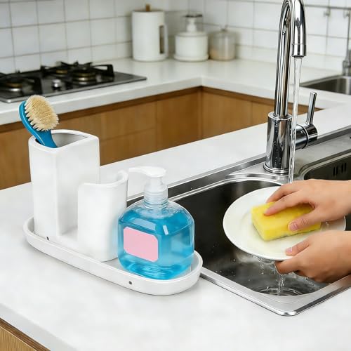 Ceramic Kitchen Sink Organizer Sponge Holder and Dish Brush Holder and Soap Tray for Kitchen Sink Organizer, White - color: White