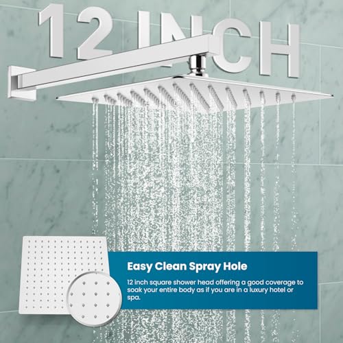 gotonovo Rainfall Bathroom Shower System Rain Shower Head and Handle Set Wall Mounted Shower Complete Combo Solid Brass Pressure Balancing Shower Mixer Valve 12 Inch Polished Chrome - color: Polished Chrome, size: 12 Inch