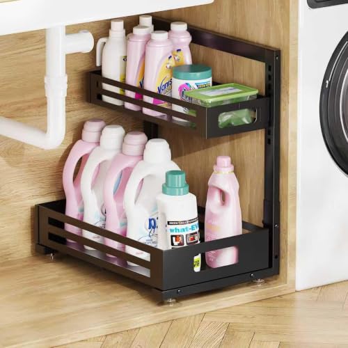 1 Pack Under Sink Organizer,Pull Out Cabinet Organizer with Smooth Cylindrical Rail,Metal Slide Out Drawer for Kitchen Bathroom Laundry Cabinet,8-Level Tool Free Height Adjustable-Black - color: Black, size: 1 Pack-15"Dx9.5"-16.7"H
