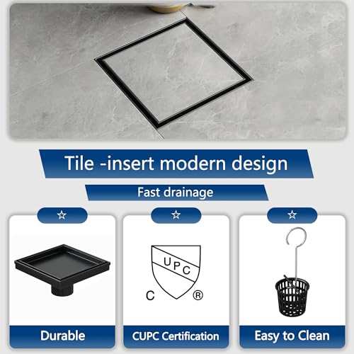 Neodrain 6 in Black Square Shower Drain with Removable Tile Insert Grate | 304 Stainless Steel Tile Square Drain, Hidden Drain,Easy to Clean, Waterproof & Sturdy Shower Drain, CUPC Certified - color: Matte Black, size: 6 IN