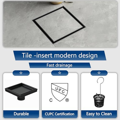 Neodrain 6 in Black Square Shower Drain with Removable Tile Insert Grate | 304 Stainless Steel Tile Square Drain, Hidden Drain,Easy to Clean, Waterproof & Sturdy Shower Drain, CUPC Certified - color: Matte Black, size: 6 IN