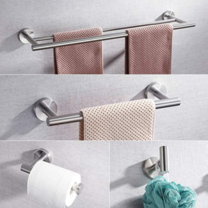Miyili Bathroom Accessories Set 4-Piece Bath Hardware Kit Brushed Stainless Steel Wall Mount - Includes Double Towel Bar, Hand Towel Rack, Toilet Paper Holder, Robe Hook, BS01N4