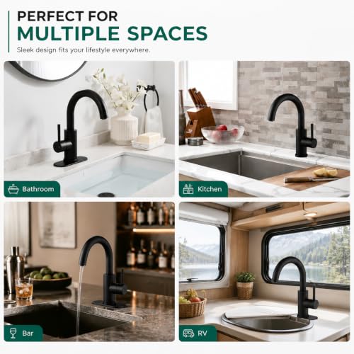 VOTON Bar Sink Faucet Matte Black Modern One Hole Bathroom Kitchen Faucets | 360° Rotatable Faucet | Small Mini Kitchen Faucet | Bathroom Vanity Lavatory Faucets | Lead-free SUS304 Faucet - color: Matte Black