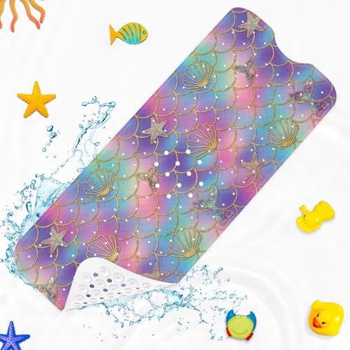 Mermaid Seashell Starfish Bathtub Shower Mat Ocean Rainbow Non-Slip Tub Extra Long Bath Floor 40X16 Inch Machine Washable for Bathroom Tub Bath Mat for Toddler and Baby - color: Mermaid Scales