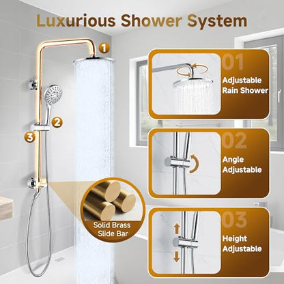 BRIGHT SHOWERS Rain Shower Heads System Including Rainfall Shower Head and Handheld Shower Head with Height Adjustable Holder, Solid Brass Rail, 60 Inch Long Stainless Steel Shower Hose, Chrome - color: chrome plated, size: 1.8 Gallon Per Minute