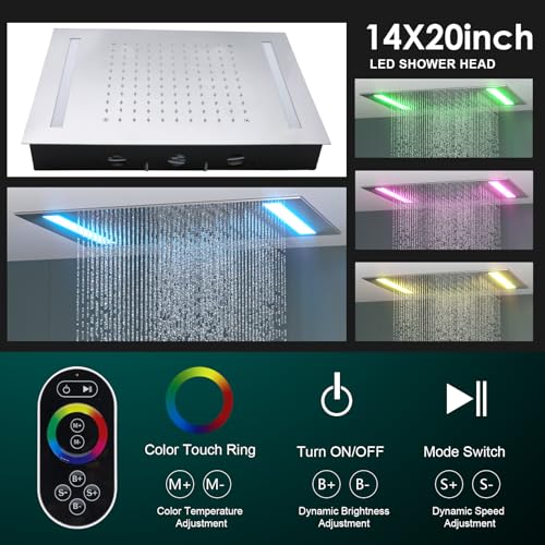 HOMEDEC Multi-Function Shower System with 14x20" LED and Dual 6" Shower Heads, 5-Way Valve Ceiling and Wall Mounted Shower Faucet Set, Chrome - color: Chrome, style: 5-Way + 2x 6" Top