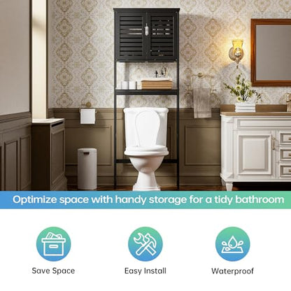 SMIBUY Bathroom Over The Toilet Storage Cabinet, 2 Door Bamboo Cabinet Organizer, Freestanding Space Saver Toilet Rack with Adjustable Inside Shelf and Open Shelf (Black) - color: Black
