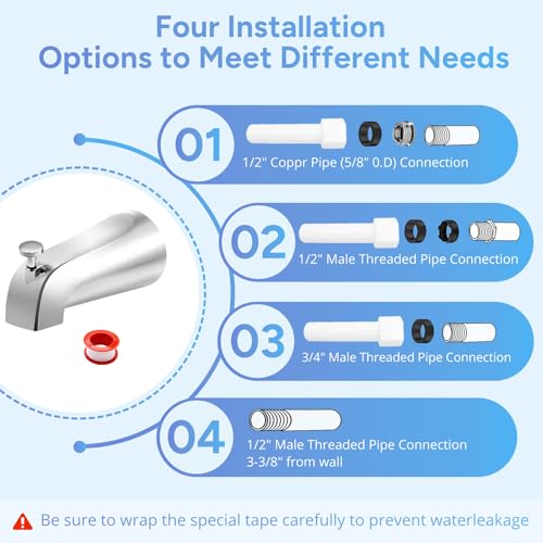 Universal Slip Fit Bath Tub Spout with Diverter,Bathtub Faucet for 1/2" Copper Pipe, 1/2" IPS and 3/4" IPS Thread Connections, Bath Tub Faucet Replacement with Adapter,PTFE Tape,Hex Wrench (Chrome)