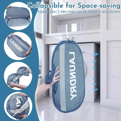 Collapsible Laundry Basket 2 pack, Foldable Pop Up Blue Laundry Baskets Mesh with Lid & Handle, Pop Up Collapsible Laundrys Hamper, Fabric Laundrys Baskets for Dorm, Travel, Bathroom - color: Blue
