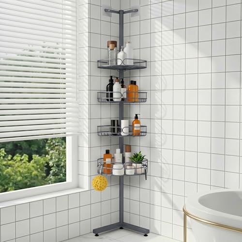 Standing Shower Caddy Corner, 4-Tier Adjustable Height Bathroom Organizer, 6-Section Pole, Sturdy Floor Standing Shelf for Shower or Bathtub – No Drilling, No Spring Tension (Gray) - color: Gray