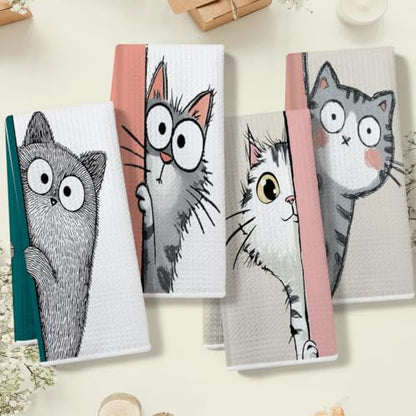 4 Pcs Funny Cat Kitchen Towels, Cute Cats Gifts Soft Absorbent Tea Towel - color: Multi 0139