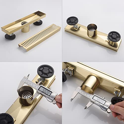12 Inch Brushed Gold Linear Shower Drain, Removable Rectangle Shower Drain Capsule Pattern Cover Grate With Adjustable Horizontal Foot Thread Adapter, Brass Finish 304 Stainless