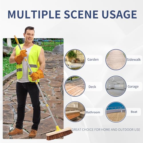 NICOFPHY Heavy Duty Floor Scrub Brush with Long Handle for Outdoor Cleaning | Deck Brush with Stiff Natural Palmyra Bristle, Floor Scrubber Brushes for Cleaning Concrete Floor, Garden, Patio, Shower