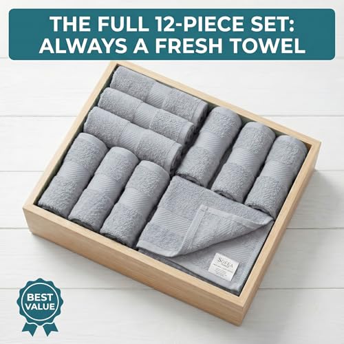 Sofea 100% Cotton Washcloths Set of 12, (12 x 12 Inch) 520 GSM Wash Cloths, Extra Soft Absorbent Quick Dry Face Towels - color: Light Grey