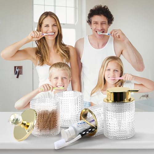 DASITON Bathroom Accessories Set,4Pcs Glass Bathroom Counter Set with Foaming Soap Dispenser,Toothbrush Holder,Bathroom Tumbler,Cotton Swab Jars, for Vanity Bathroom Decor (Clear) D1102 - style: Clear