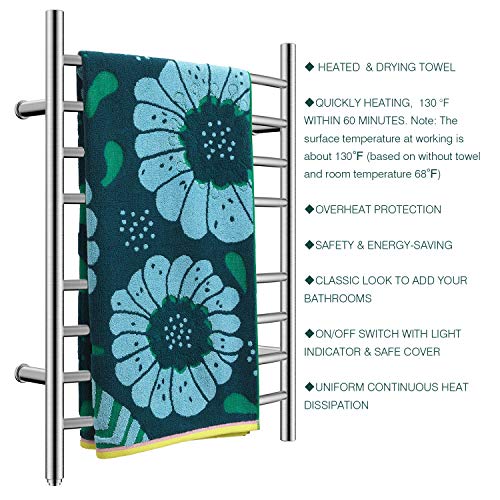 8-Bar Towel Warmer, Heated Towel Rack, Plug-in, Brushed | 304 Stainless Steel Curved 8-Bar Wall-Mounted Towel Warmer With Plug-In Installation Only For Bathrooms - color: Brushed