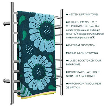 8-Bar Towel Warmer, Heated Towel Rack, Plug-in, Brushed | 304 Stainless Steel Curved 8-Bar Wall-Mounted Towel Warmer With Plug-In Installation Only For Bathrooms - color: Brushed
