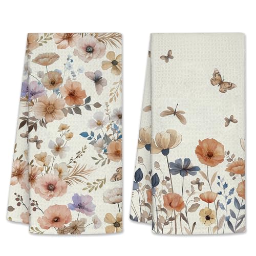 Poppy Floral Leaves Kitchen Towels, Poppy Hand Towels for Bathroom, Floral Room Decor, Brown Hand Tea Towels, Waffle Dish Towels for Birthday Christmas Thanksgiving Day 26x17 inch, 2 Pack - color: Poppy-brown