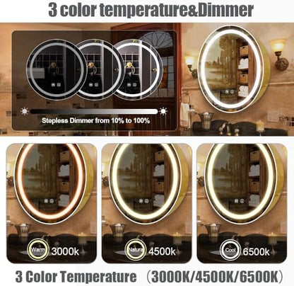 Round Medicine Cabinet with Light,3 Color Temperature,Dimmer,Defogger,32inch,Gold - color: Gold, size: 32inch