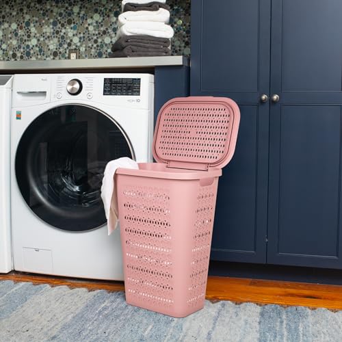 Mind Reader Slim Tapered Laundry Hamper with Lid, Clothes Basket with Swiss Cross Cut-Outs, Lightweight & Ventilated, Plastic, 16.75"L x 12.75"W x 23"H, Pink - color: Pink