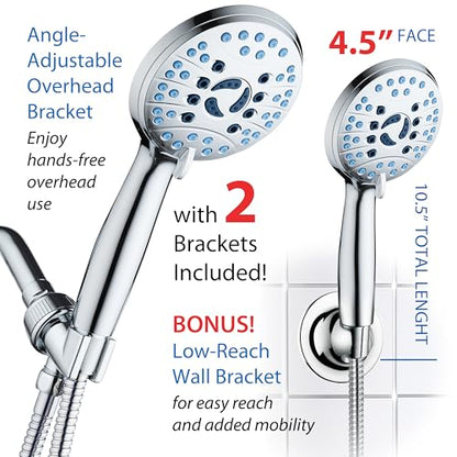 AquaCare 8-mode High Pressure Handheld Shower Head with 2-mode Power Wash | Stay Clean Nozzles, Dual Power Wash for Tub, Tile & Pets, Long 6 ft. Stainless Steel Hose, Wall & Overhead Brackets / Chrome - color: Premium Chrome, style: 1.8 Gallon Per Minute