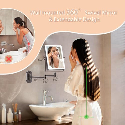 FASCINATE 8.7" 5000mAh Rechargeable Wall Mounted Makeup Mirror (Bronze) | Double Sided 1X 30X Rectangle Wall Mounted Magnifying Mirror with Light, 3 Color Setting, Extended Arm 360° Foldable - color: Bronze a