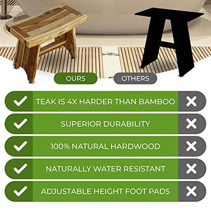 EcoDecors Serenity 24-Inch Teak Shower Stool, Non-Slip, 250 lb | Comfortable teak shower seat fits standard and walk-in showers while saving space in compact bathroom layouts - size: 24" bar
