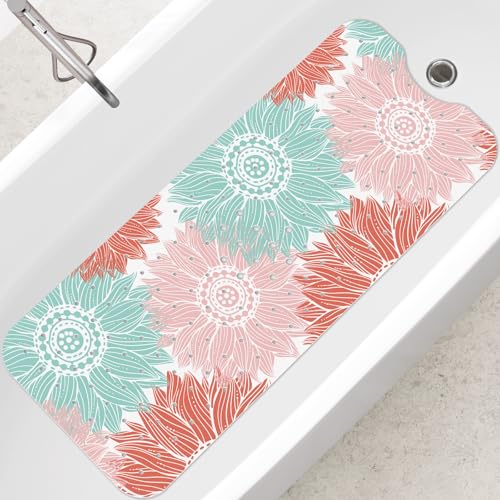 SHUCHING Bath Mat for Tub Non Slip-40x16 Inch, Green and Pink Flower | Bathtub Mat for Elderly Mold Free, Long Shower Mat for Inside Shower with Suction Cup, Machine Washable - color: Abstract Sunflower
