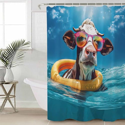 Waterproof Fabric Shower Curtain Cow Swimming in The Sea Shower Curtains for Bathroom, Quick-Drying, Machine Washable 36x72 Inch - color: Teal Blue, size: 36"W x 72"L (Pack of 1)