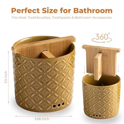Zoeeker Toothbrush Holders for Bathroom with Drainage and Bamboo Divider | Ceramic Toothbrush and Toothpaste Holder, Detachable 3 Slots Electric Tooth Brush Cup Storage Caddy for Family, Kids, Yellow - color: A-yellow