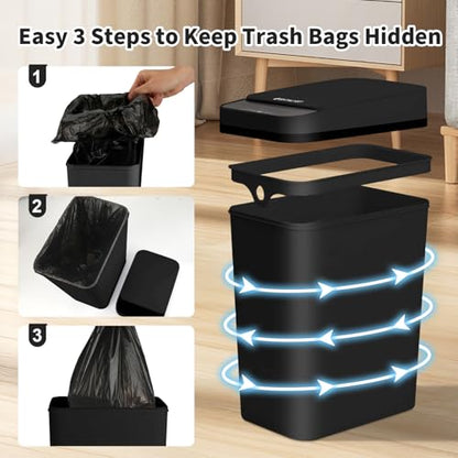 3 Pack Bathroom Trash Can with Lid, 2.5 Gallon Small Slim Trashcan, Automatic Trash Can Touchless, Motion Sensor Waterproof Plastic Trash Bin for Bedroom Kitchen Office Living Room (Black) - color: Black