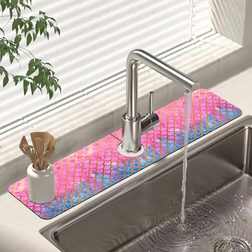 Faucet Mat Sink Splash Guard 23.5"X5.5" | Fish Scales Absorbent Drying Mat Sink Gadgets Splash Guard Behind Faucet Drip Catcher for Kitchen Bathroom 23.5"X5.5" - size: 23.5" x 5.5"