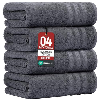 Bath Towels Set of 4 Extra Large Towels set, 30x60 In, 100% Uzbek Cotton 600 GSM, Oeko-TEX, Larger & Lighter Weight, Quicker to Dry, Super Soft and Absorbent Perfect for Bathroom–Dark Grey - color: Dark Grey