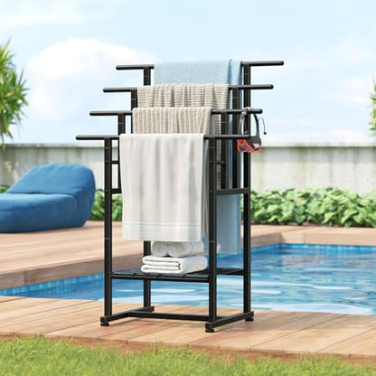 HOOBRO 4-Tier Freestanding Towel Rack, 28.3"L x 15.7"W x 41.3"H, Standing Blanket Rack, Metal Bathroom Storage Organizer with Bottom Shelf, Pool Towel Rack Outdoor, Industrial Style, Black BK16LB01