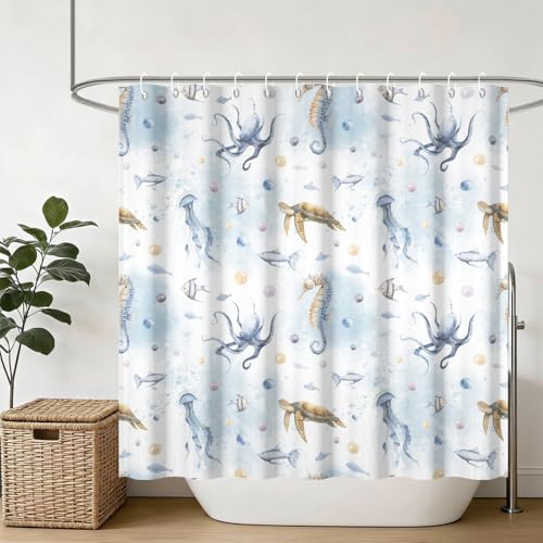 Yeele Ocean Creatures Watercolor Shower Curtain, Turtle Octopus Blue Print Shower Curtain, Waterproof Machine Washable Fabric Bath Curtain 72x72 Inch with Grommets and Hooks - color: Blue 1, size: 72"Wx72"L